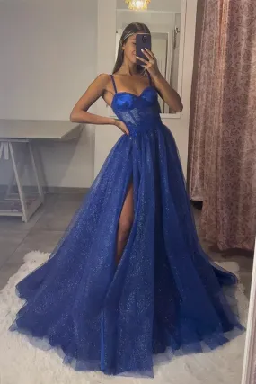 A-Line Sweetheart Neck Royal Blue Tulle Lace Long Prom Dresses