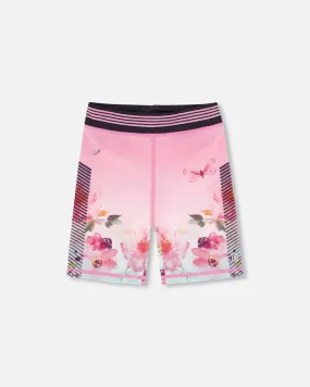 Athletic Biker Shorts Gradient Pink Printed Big Flowers