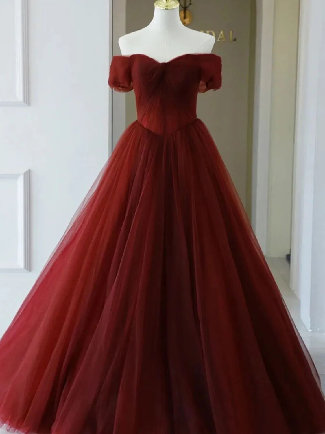 Burgundy A line Tulle Long Prom Dresses, Burgundy Long Bridesmaid Dresses