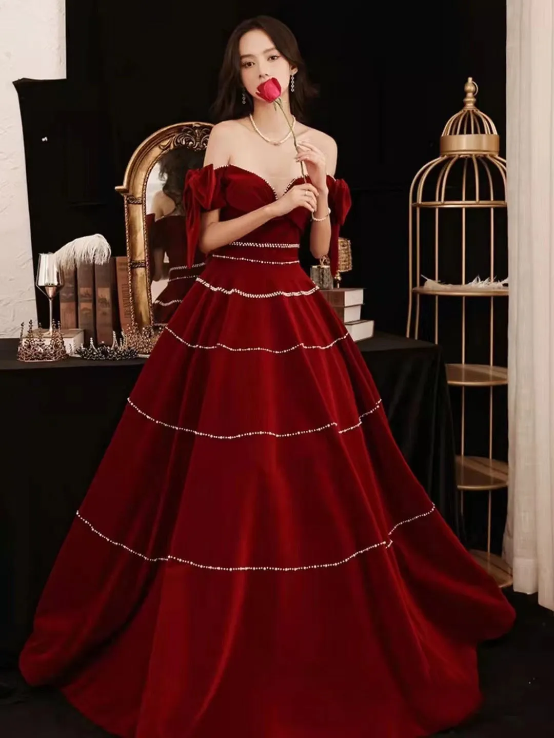 Burgundy Velvet Long Prom Dresses, Pearl Prom Dresses, A-line Prom Dresses, Formal Dresses, RC019