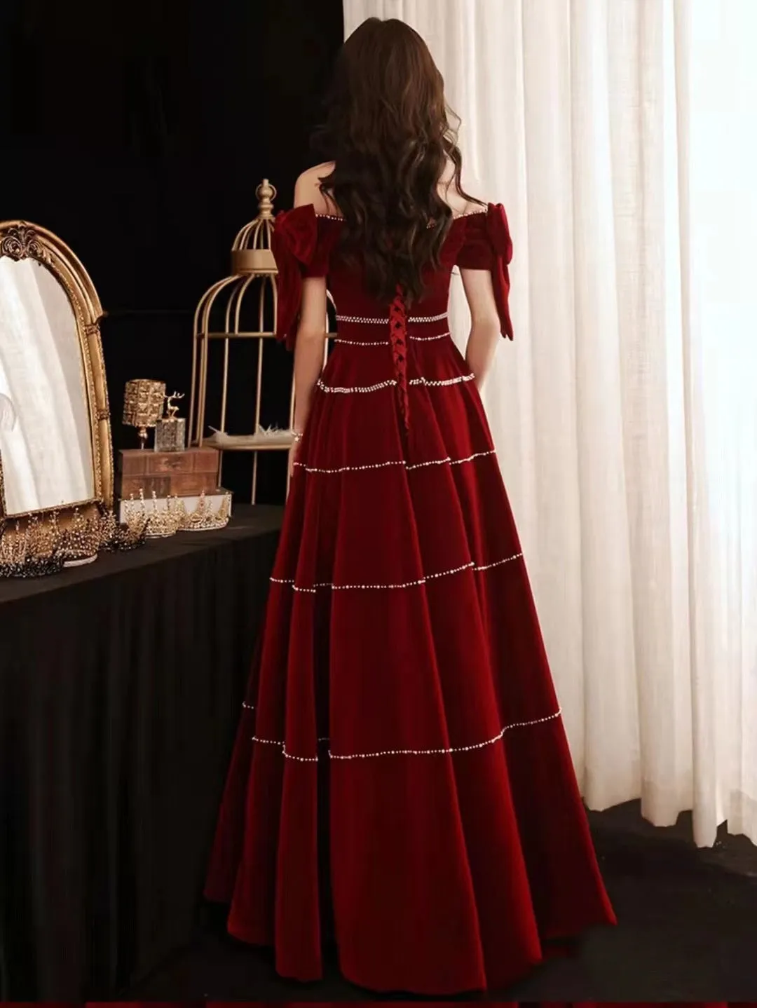 Burgundy Velvet Long Prom Dresses, Pearl Prom Dresses, A-line Prom Dresses, Formal Dresses, RC019