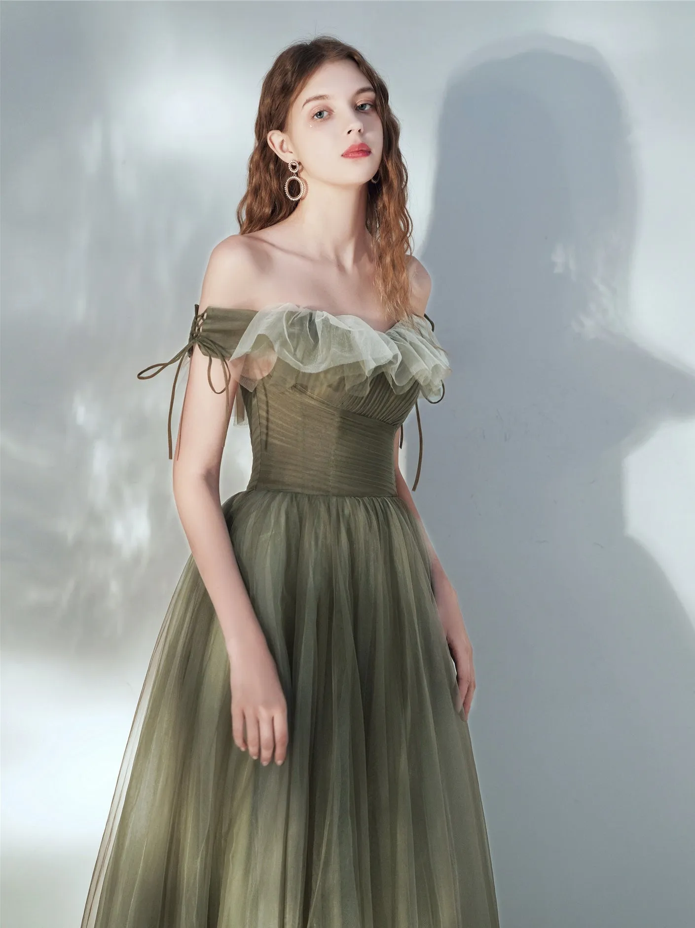 Green Aline Tulle Long Prom Dress, Green Tulle Formal Dress