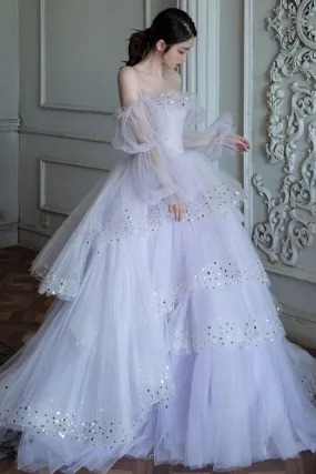 Long Sleeves Layered Light Purple Tulle Long Prom Dresses, Light Purple Formal Evening Dresses, Ball Gown