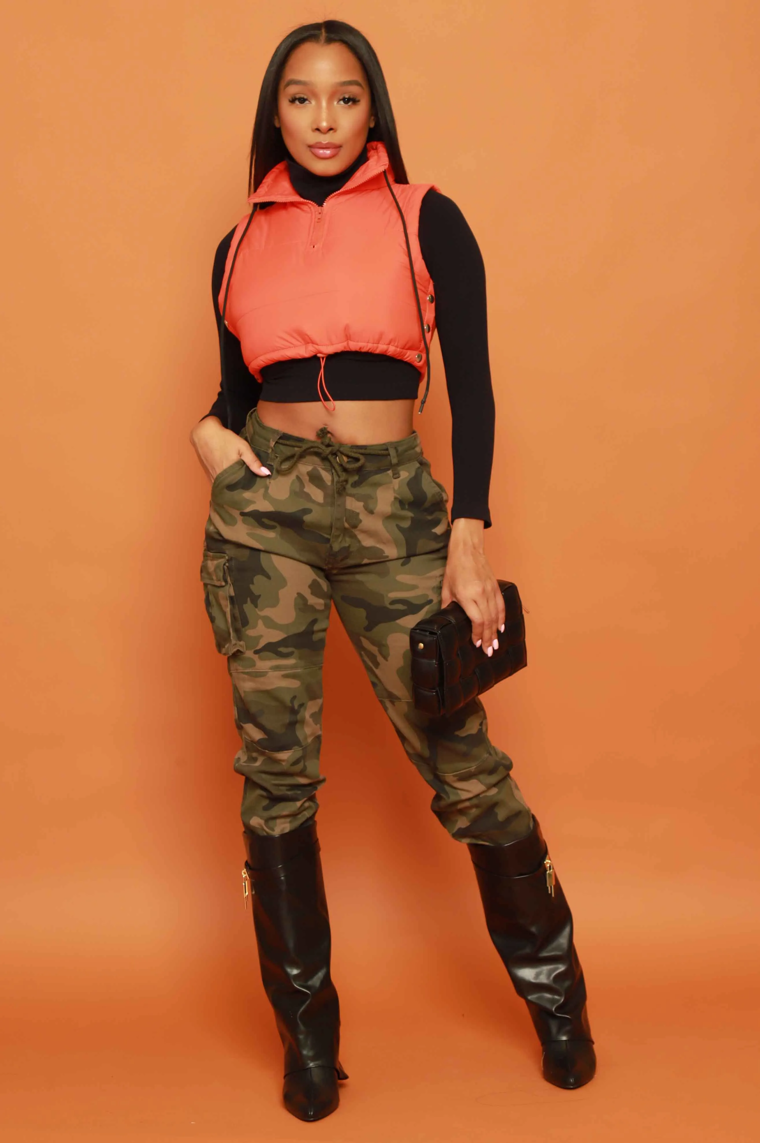 Mark My Words Adjustable Cropped Puffer Vest - Orange