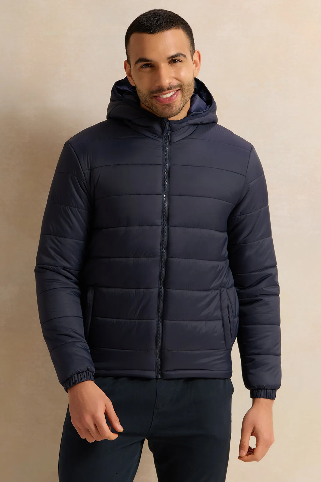 Men Navy Long Sleeve Puffer Jacket