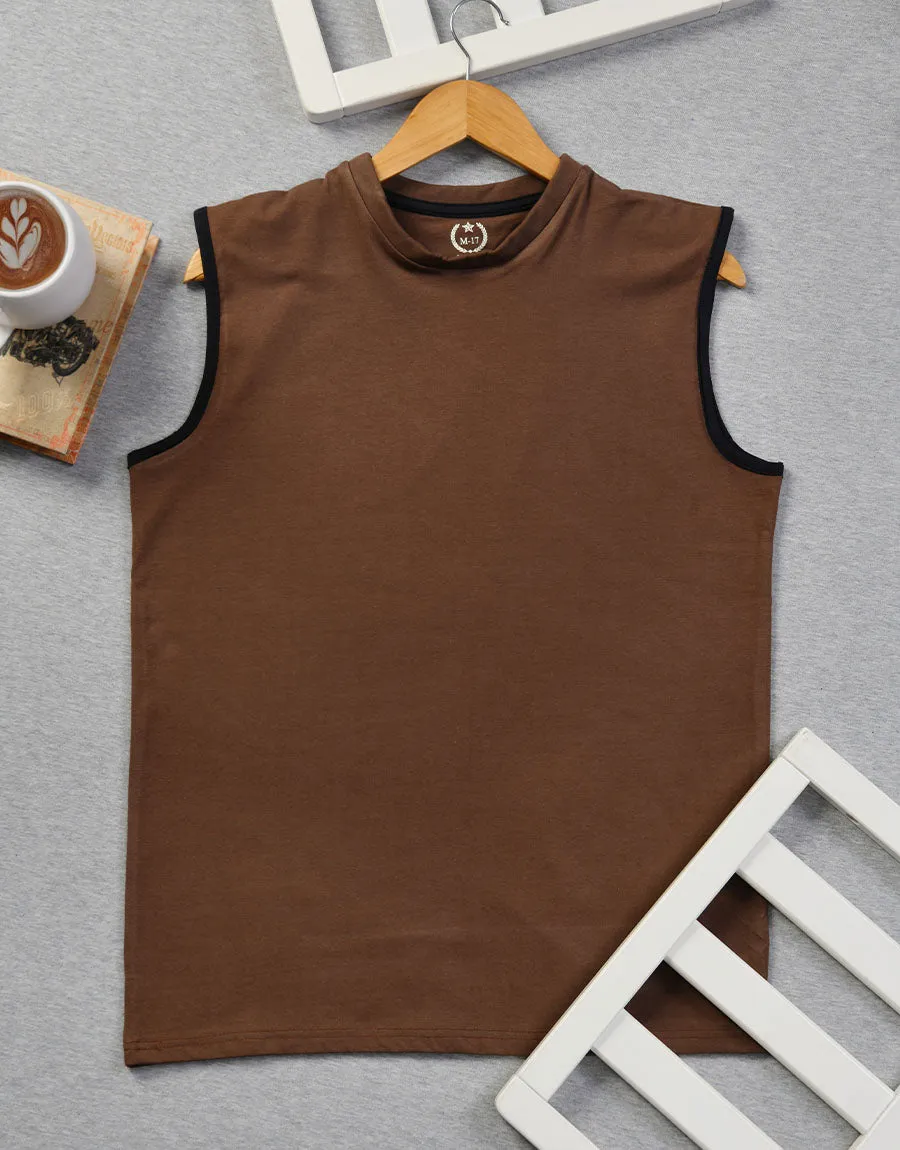 Men's Plain Crew Neck Sleeveless Shirt-Chocolate