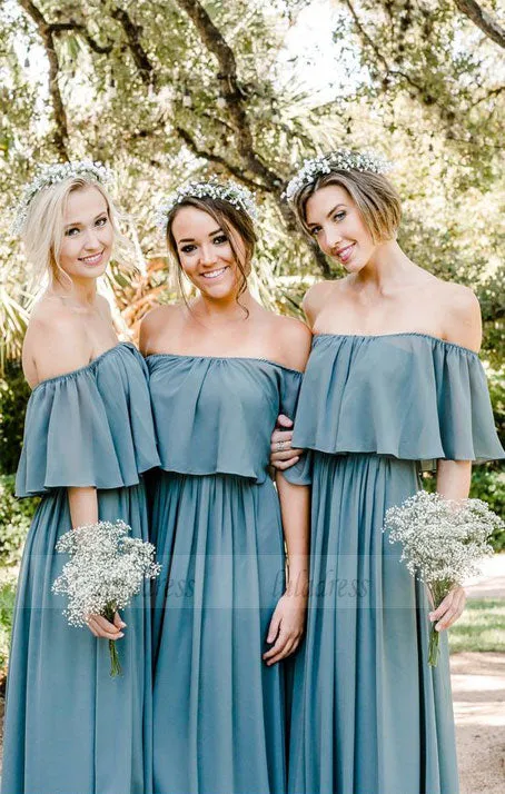 Off the Shoulder Bridesmaid Dresses, Ruffled Bridesmaid Dresses, Dusty Blue Bridesmaid Dresses rustic