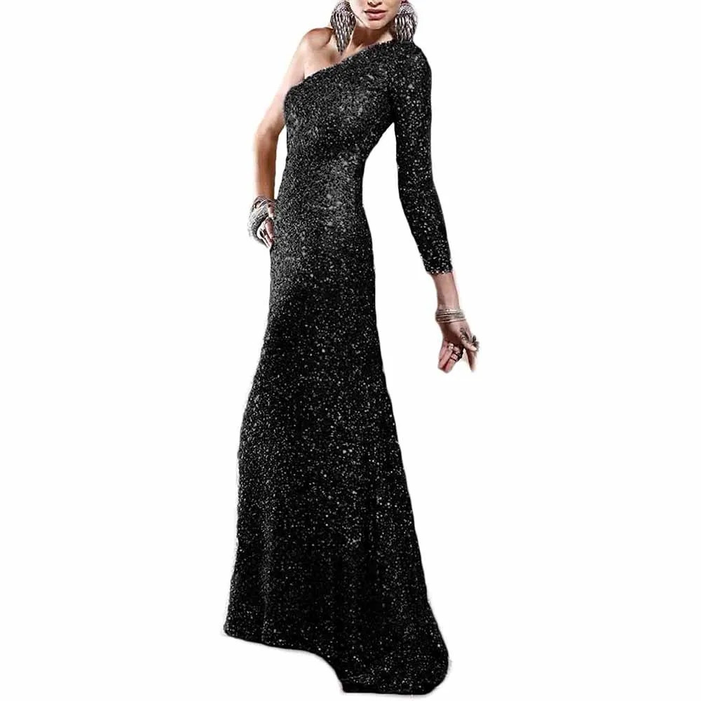 One Shoulder Sequin Prom Dresses Long Mermaid Sweep Train Formal Evening Gowns with Slit