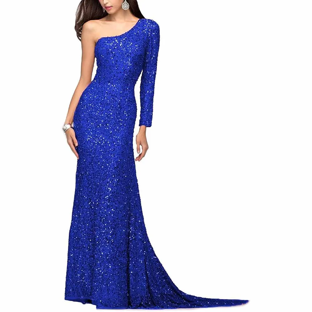 One Shoulder Sequin Prom Dresses Long Mermaid Sweep Train Formal Evening Gowns with Slit