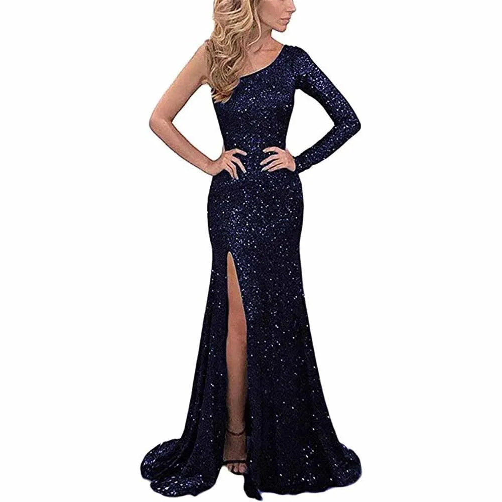 One Shoulder Sequin Prom Dresses Long Mermaid Sweep Train Formal Evening Gowns with Slit