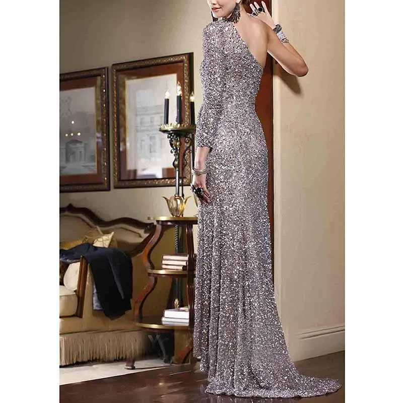 One Shoulder Sequin Prom Dresses Long Mermaid Sweep Train Formal Evening Gowns with Slit