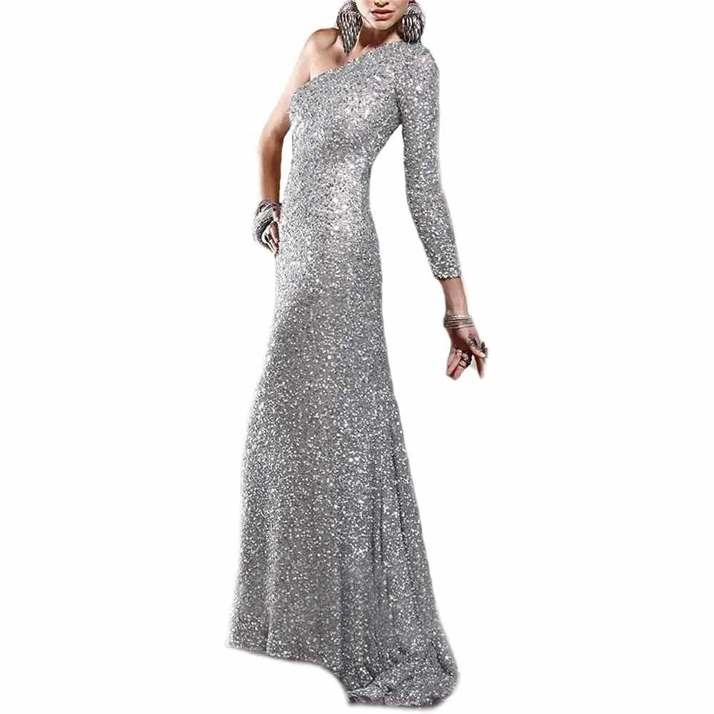 One Shoulder Sequin Prom Dresses Long Mermaid Sweep Train Formal Evening Gowns with Slit