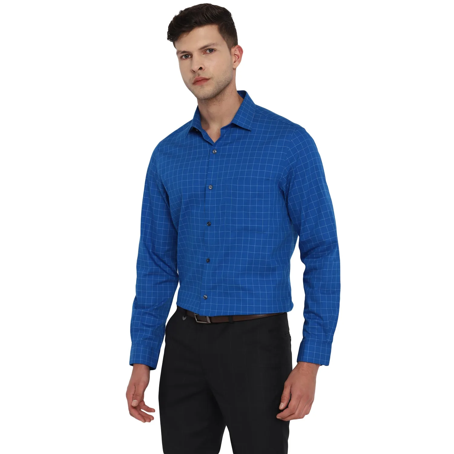 Royal Blue Cotton Checked Slim Fit Shirts