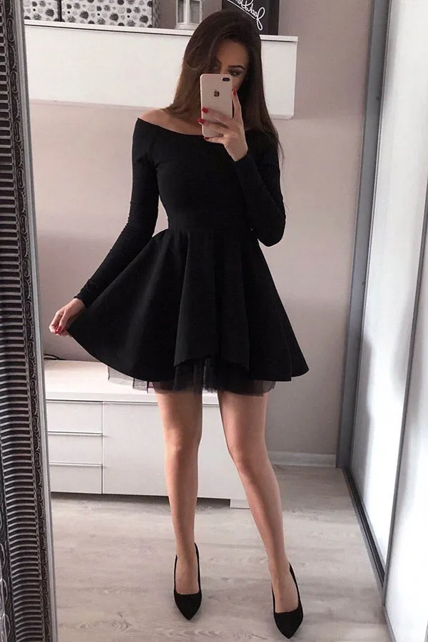 Simple Black Mini Long Sleeve Homecoming Dresses Short Prom Dress, SH479