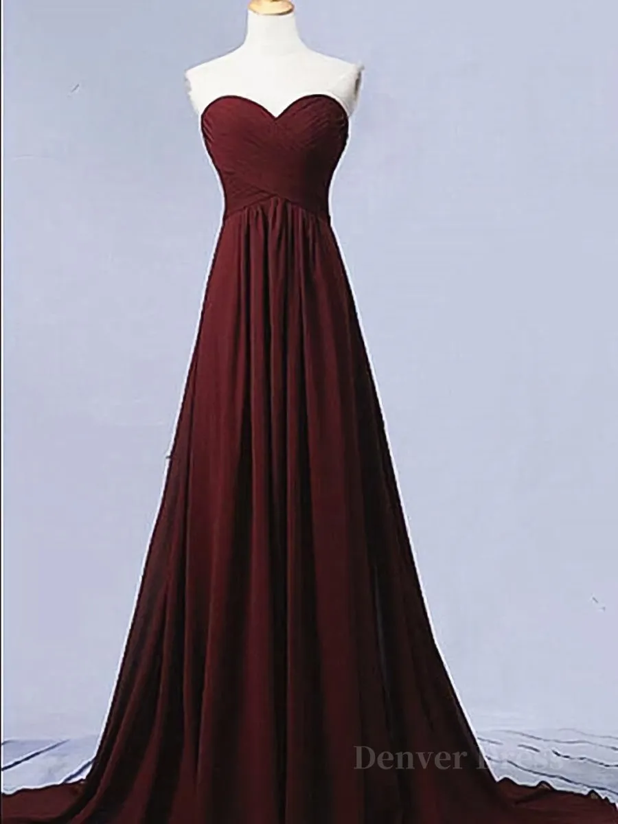 Sweetheart Neck Maroon Long Prom Dresses, Burgundy Long Formal Bridesmaid Dresses