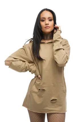 THE MYSTYLEMODE MENSWEAR TAN DISTRESSED HOODIE