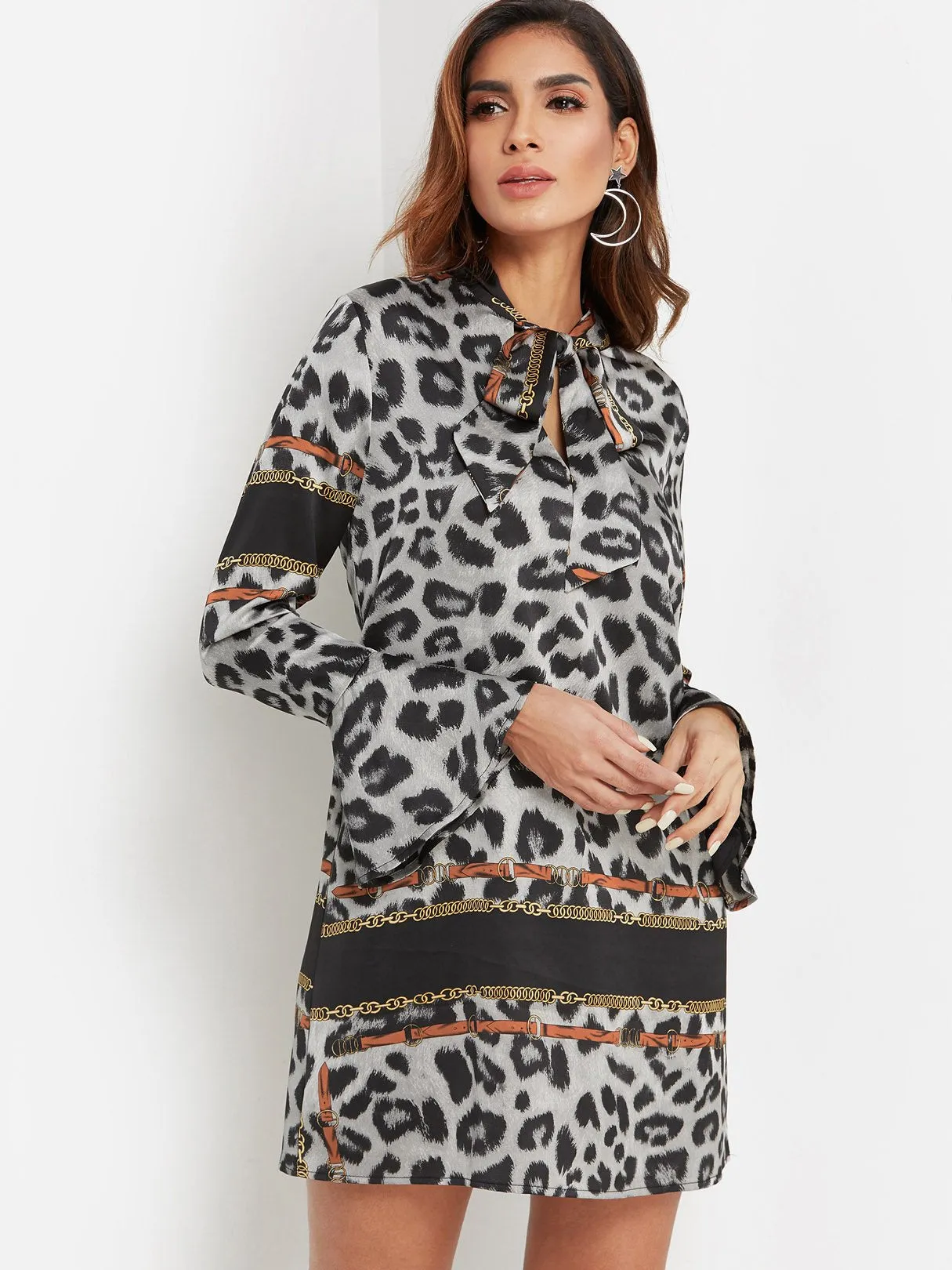 Wholesale Long Sleeve Leopard Self-Tie Casual Dresses