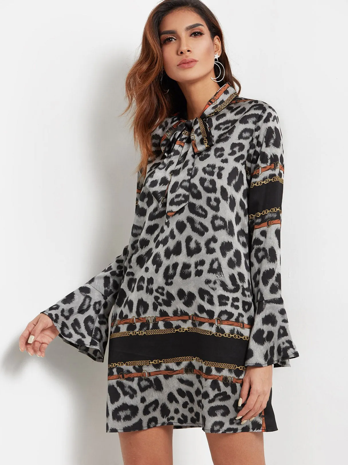 Wholesale Long Sleeve Leopard Self-Tie Casual Dresses