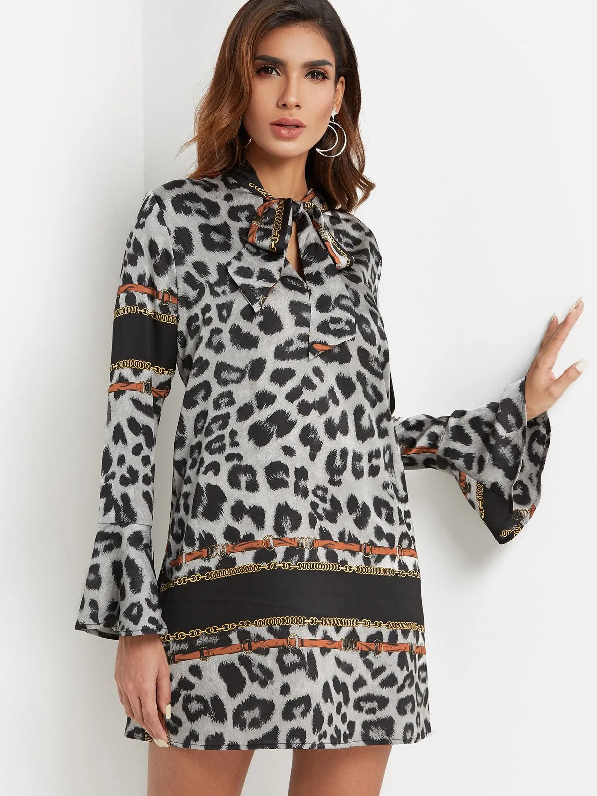 Wholesale Long Sleeve Leopard Self-Tie Casual Dresses