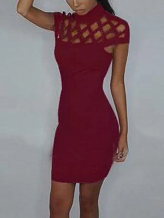 Wholesale Round Neck Plain Sleeveless Bodycon Hem Burgundy Casual Dresses