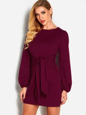 Wholesale Round Neck Self-Tie Long Sleeve Red Casual Dresses